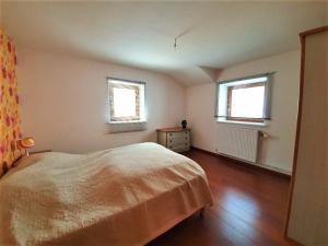 旺特龙Gîte meublé, LOFT AVEC SALLE JEUX ET SPA DANS LA RESIDENCE的一间卧室设有一张大床和两个窗户。