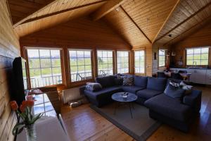 塞尔福斯Golden Circle Vacation Home with hot tub & fire place的享有带蓝色沙发的客厅的顶部景色。