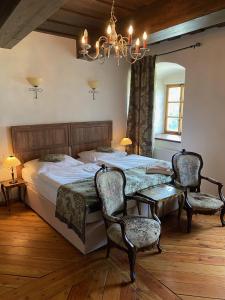 布兰纳zámek Kolštejn - hotel Chateau Goldenstein的一间卧室配有一张床、两把椅子和一个吊灯