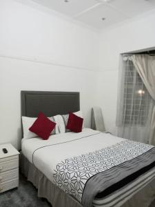 德班Linze lodge的一间卧室配有一张带红色枕头的床和一扇窗户