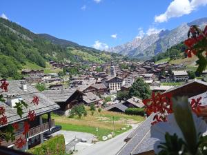 拉克吕萨Hotel les Sapins的享有以山为背景的村庄美景