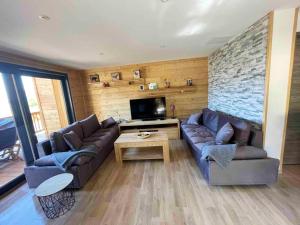 莱索尔Chalet de 5 chambres avec sauna jardin clos et wifi a Les Orres的客厅配有两张沙发和一台电视机
