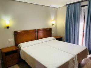 FuenmayorHostal Labranza的一间卧室设有两张床,窗户配有蓝色窗帘