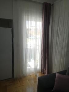 波德戈里察Jednosoban stan Zoja的客厅设有窗户、窗帘和沙发