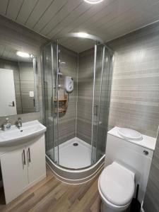 爱丁堡Holyrood Duplex 3- Bedrooms Apartment的带淋浴、卫生间和盥洗盆的浴室