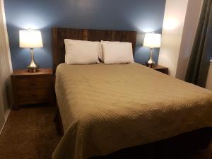 布兰森Multi Resorts at Eagles Nest的一间卧室配有一张大床和两盏灯