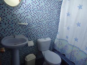 比亚米尔港卡塔戈湾山林小屋的浴室设有卫生间、水槽和淋浴帘