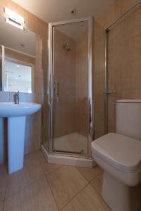 伦敦百乐门酒店的带淋浴、卫生间和盥洗盆的浴室