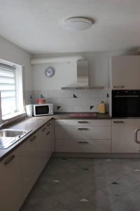 厄林根Ferienwohnung DaWie的白色的厨房配有水槽和微波炉