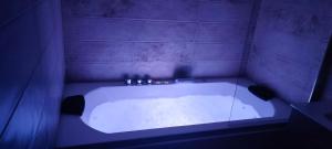 鲁伊德拉Hostal Restaurante La Mancha的带浴缸的浴室和紫色墙壁