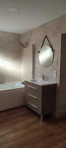 鲁伊德拉Hostal Restaurante La Mancha的一间带水槽、浴缸和镜子的浴室