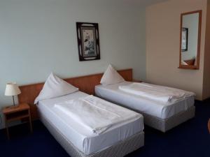 科隆弗洛翰芬酒店的配有镜子的酒店客房内的两张床