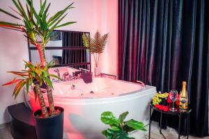 克拉约瓦Apartment de Lux Craiova Jacuzzi Pat Rotund Semineu Zona Ford的浴室配有带盆栽植物的浴缸