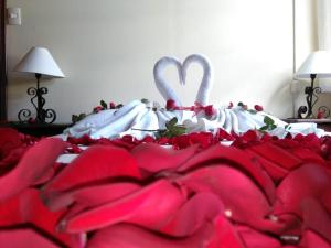 罗斯阿祖弗雷斯特亚玛尼赖斯俱乐部酒店的一张铺有红白床单的床和两张天鹅