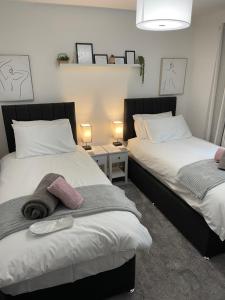 梅奈布里奇Salisbury Suite - Modern 2 bedroom flat with parking in Menai Bridge的卧室内两张并排的床