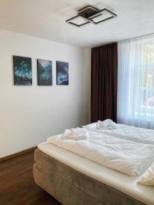 RoschwitzCozy Apartment Bernburg 1的一间卧室配有一张带白色床单的床和一扇窗户。