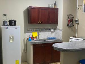 曼塔Playa Suites, cerca del Malecon的厨房配有水槽和冰箱