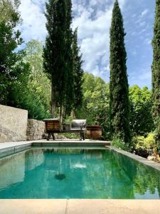 穆斯捷-圣玛丽La Bouscatière的花园内的游泳池,花园内种有长凳和树木
