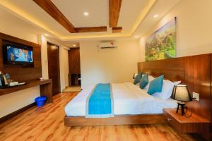 加德满都Kathmandu Aagantuk Hotel的一间卧室配有一张大床和电视