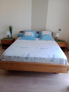 吉伦特河畔梅谢尔Chambre d'hôtes le Berceau的一间卧室配有一张带蓝色枕头的木床。