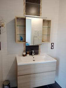 吉伦特河畔梅谢尔Chambre d'hôtes le Berceau的浴室设有白色水槽和镜子