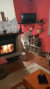 CastellʼUmbertoLo chalet sui NEBRODI的客厅设有壁炉和平面电视。