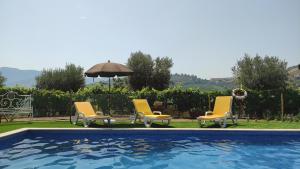 拉梅戈Quinta dos Padrinhos - Suites in the Heart of the Douro的一个带三把椅子和遮阳伞的游泳池