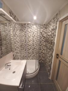 陶格夫匹尔斯Kandavas Street City Center Apartment的带淋浴和白色盥洗盆的浴室