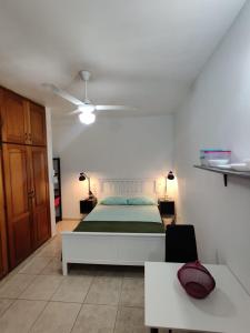 里奥圣胡安Villa colonial suite n 4 basic interior的一间卧室配有一张床和吊扇