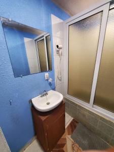 Six HutsCoco Bahia Apartment的一间带水槽和镜子的浴室