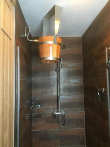 新比斯特日采Obora 824的一间带淋浴的浴室,天花板上配有水桶