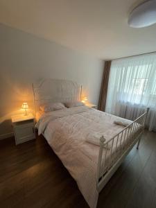 比尔扎伊APARTMENTS IN THE CITY CENTER BIRŽAI Vytauto g22的卧室配有白色的床、两张桌子和一扇窗户
