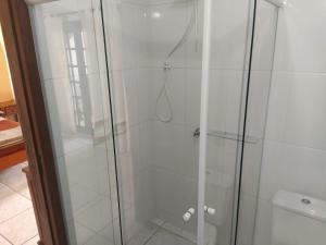南圣弗朗西斯科Pousada Praia do Calixto的浴室里设有玻璃门淋浴