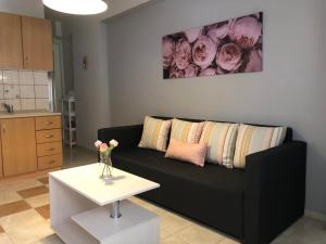 尼亚普拉莫斯Pink Rose Apartment的客厅配有黑色沙发和桌子