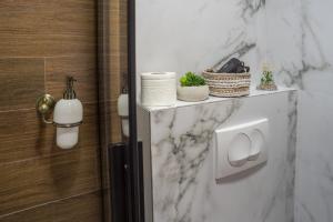 扎布利亚克Apartments-Rooms Stara Varos的大理石浴室配有毛巾分配器