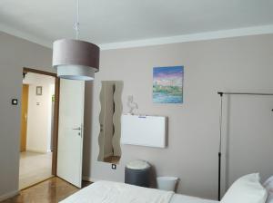 奥帕提亚Alba Opatija的一间卧室配有一张床和吊灯