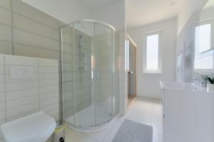 佐洛卡罗斯Villa Oliver Zalakaros的带淋浴、卫生间和盥洗盆的浴室
