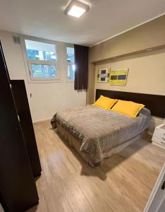 坦迪尔LA CASA DEL LAGO TANDIL的一间卧室配有床和两个黄色枕头