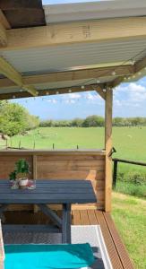 LlangrannogYurt glyncoch isaf farm的野餐桌,甲板上享有田野景色