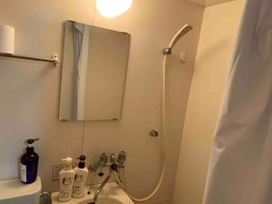岐阜Jinpachi Building - Vacation STAY 63997v的带淋浴和盥洗盆及镜子的浴室
