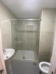 马拉加piso recinto ferial en teatinos的带淋浴、卫生间和盥洗盆的浴室