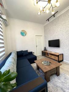巴库Style Home Buzovna的客厅配有蓝色的沙发和电视