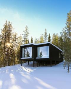 罗瓦涅米北极树屋酒店 的雪中树林中的黑色房子