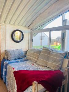 赫罗德斯湾Top beach studio的一张位于带大窗户的房间内的床铺