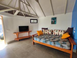 阿鲁埃TAHITI - Taharaa Beach Bungalow的带沙发和电视的客厅