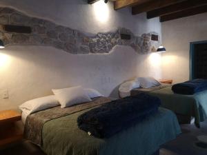 圣克里斯托瓦尔-德拉斯卡萨斯Hotel Pepen的一间卧室设有两张床和石墙