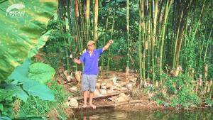 枚州县Mai Chau Valley Retreat的站在竹林的桥梁上的人