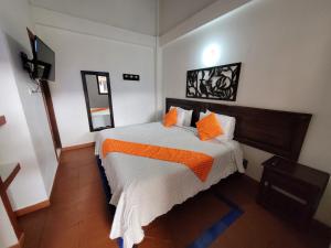莱瓦镇Hotel Cemandy by MA的一间卧室配有带橙色枕头的床