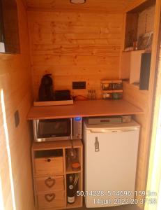 LessiveCabane de l'Ermitage的一间带微波炉和冰箱的小厨房