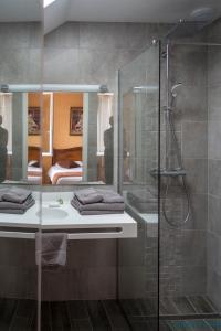 Ligny-le-ChâtelLOGIS HOTEL - Le Relais Saint Vincent的带淋浴、盥洗盆和镜子的浴室